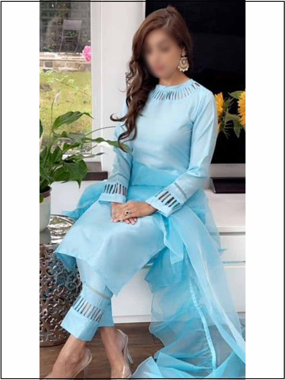 ATM770AN | 3 Piece Blue Silk Readymade Suit With Ruffle Dupatta