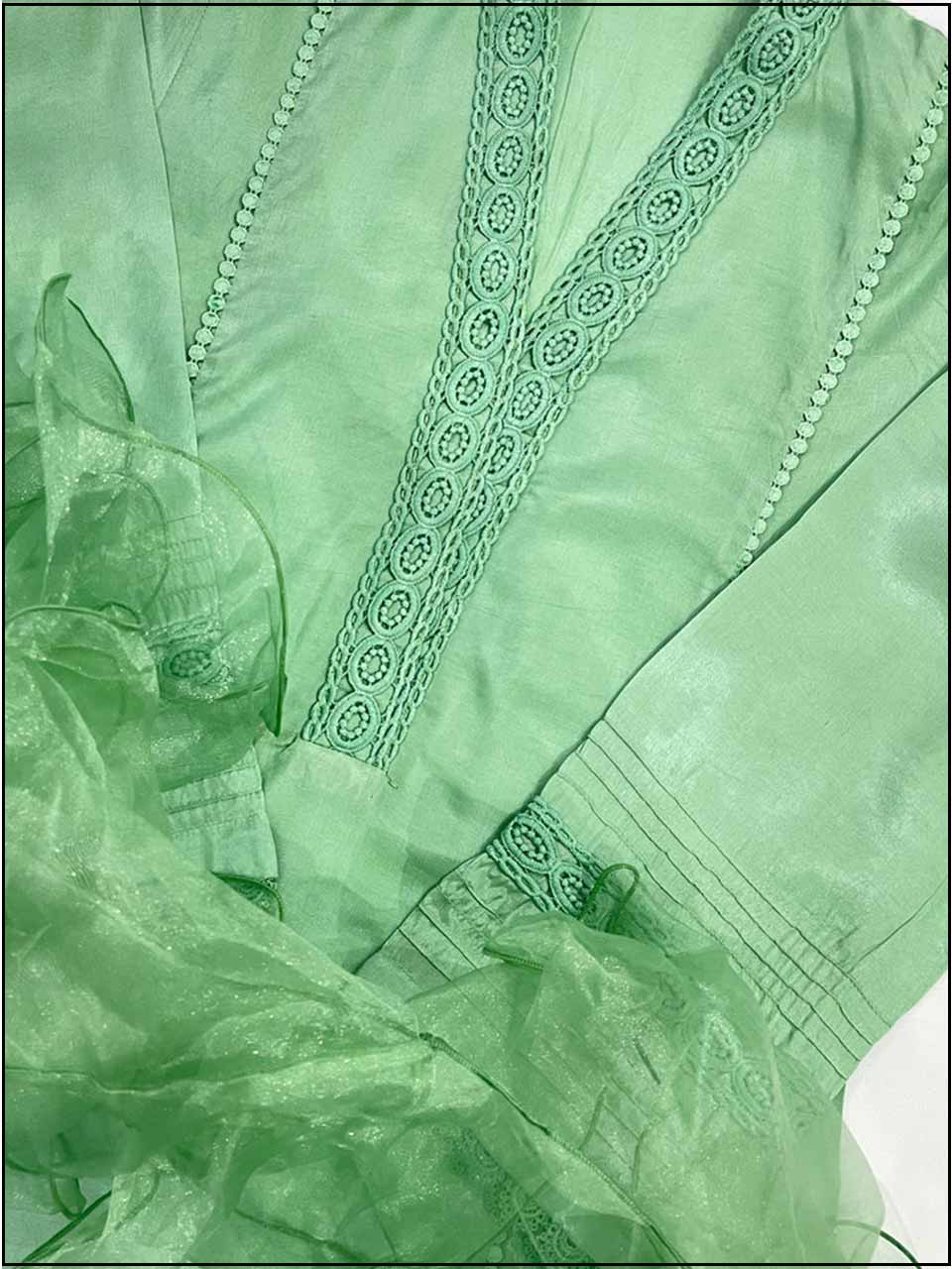 ATM13005RC | 4 Piece Mint Green Silk Readymade Suit With Ruffle Dupatta