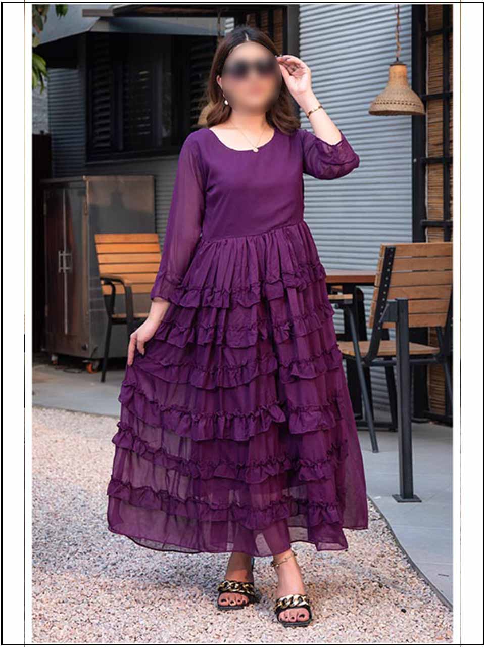 Purple Chiffon Readymade Maxi With Frill  326