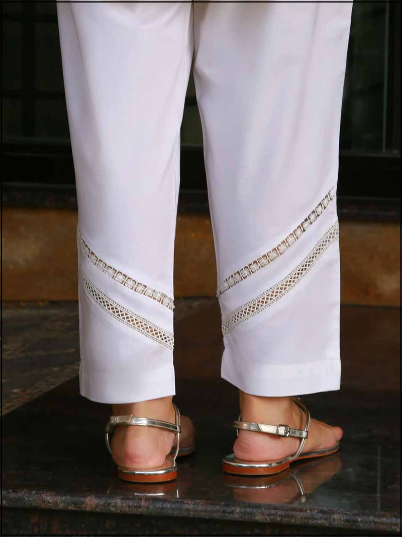 White Cotton Straight Readymade Trouser With Lace 359