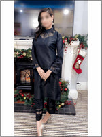 3 Piece Black Silk Readymade Suit With Ruffle Dupatta 123