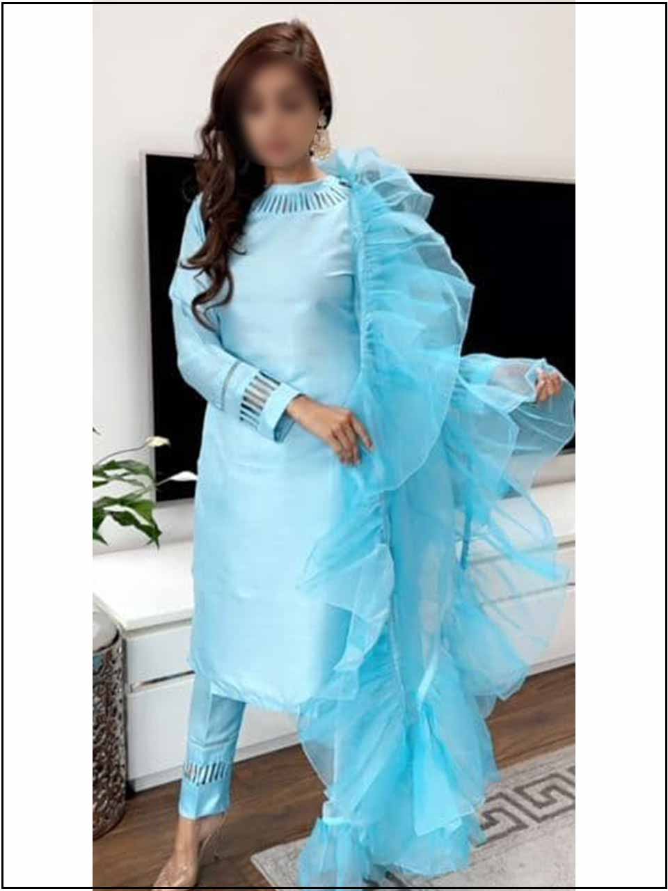 ATM770AN | 3 Piece Blue Silk Readymade Suit With Ruffle Dupatta