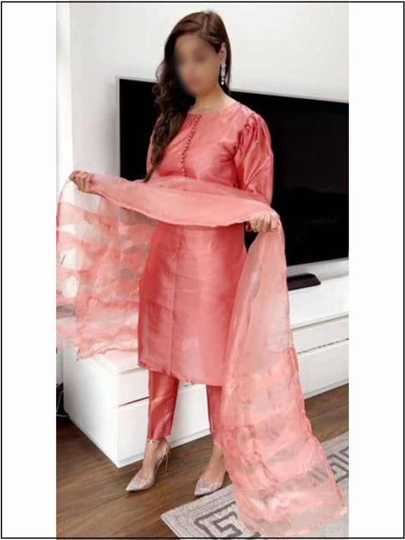 3 Piece Coral Silk Readymade Suit With Simple Dupatta 126