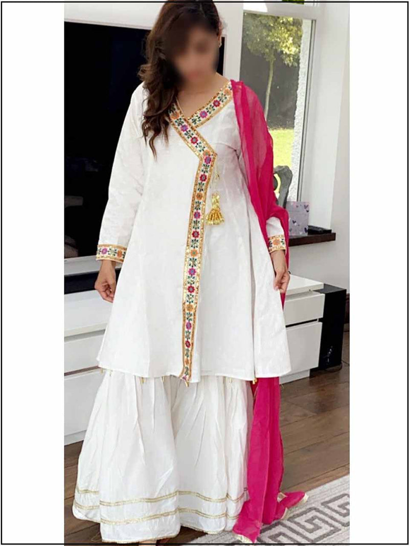 3 Piece White Linen Angrakha Style Readymade Suit 128