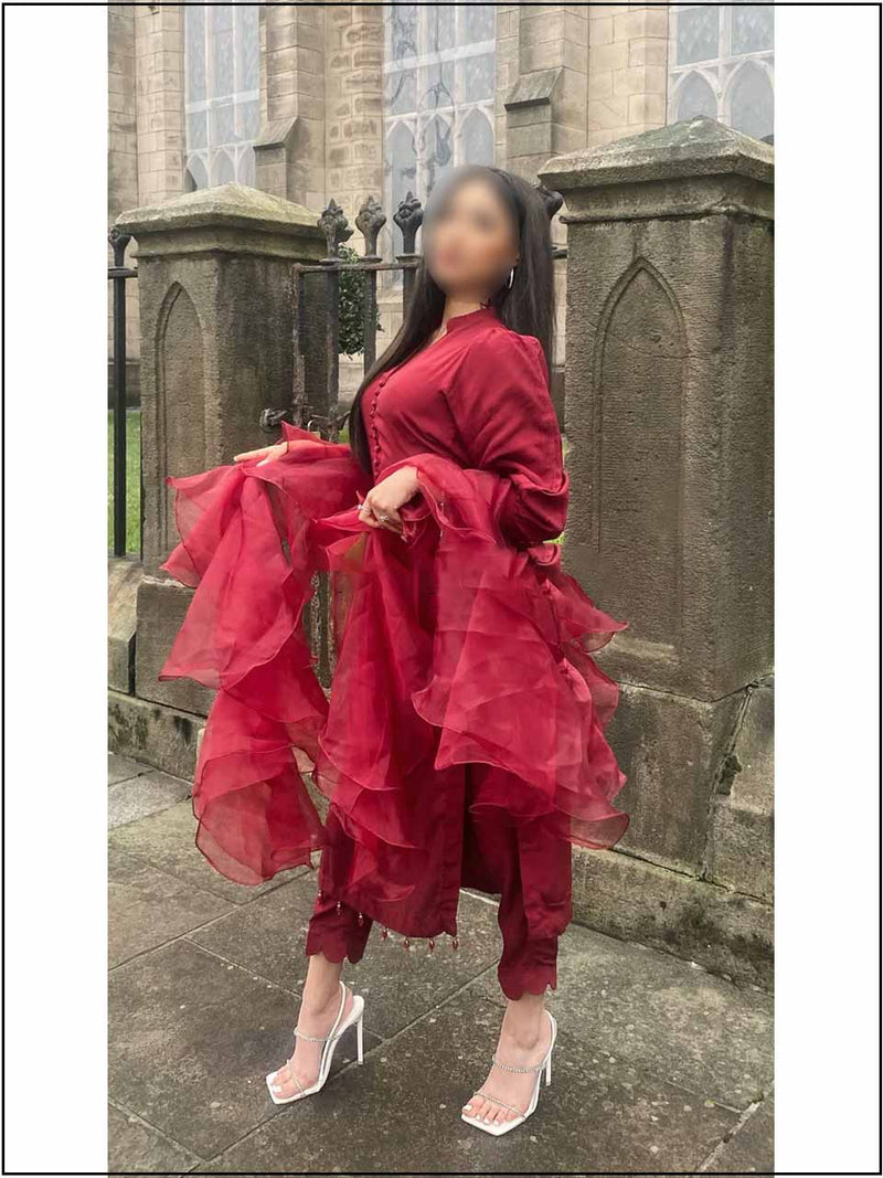 3 Piece Red Silk Readymade Suit With Ruffle Dupatta 133