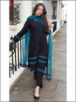 3 Piece Black Linen Readymade Suit With Teal Net Dupatta 139