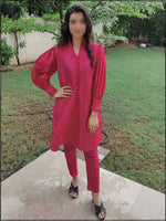 2 Piece Hot Pink Silk Readymade Suit With Pleated Sleeves 190