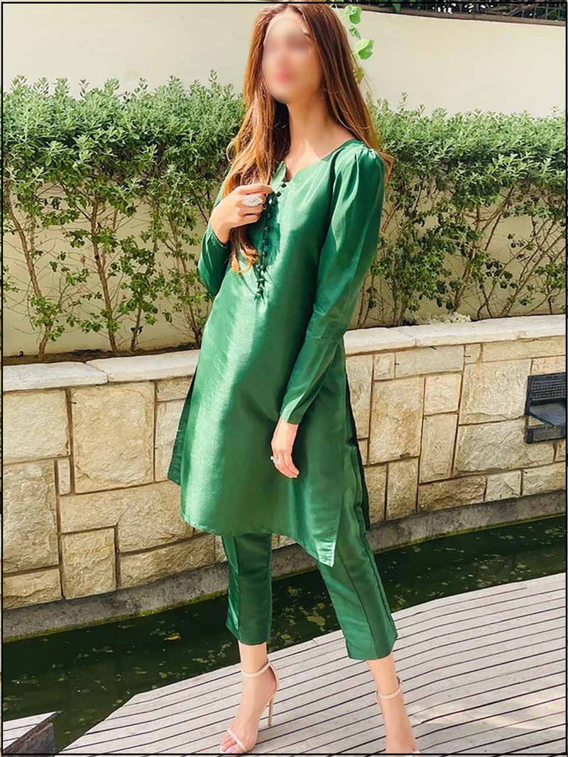 2 Piece Green Silk Readymade Suit With Button 194