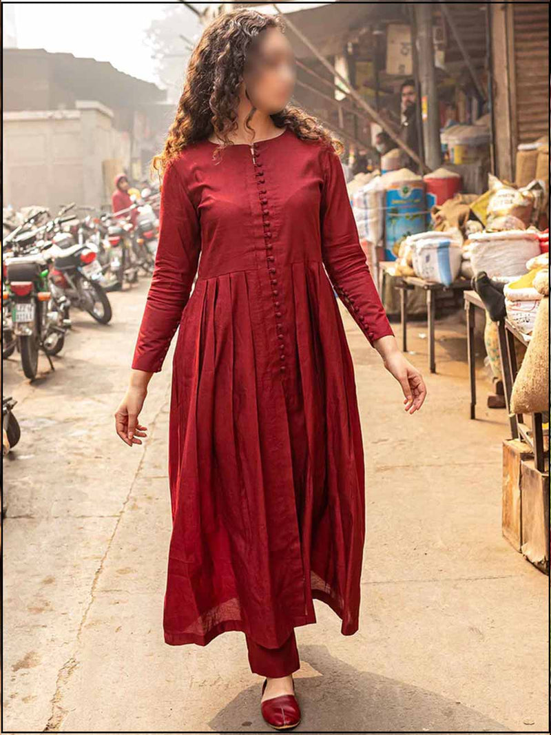 2 Piece Marron Cotton Net Readymade Suit With Button 195