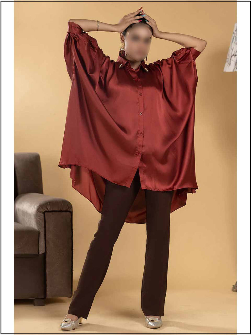 Champagne Red Silk Poncho Readymade Top With Button 201