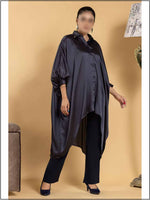 Black Silk Poncho Readymade Top With Button 202