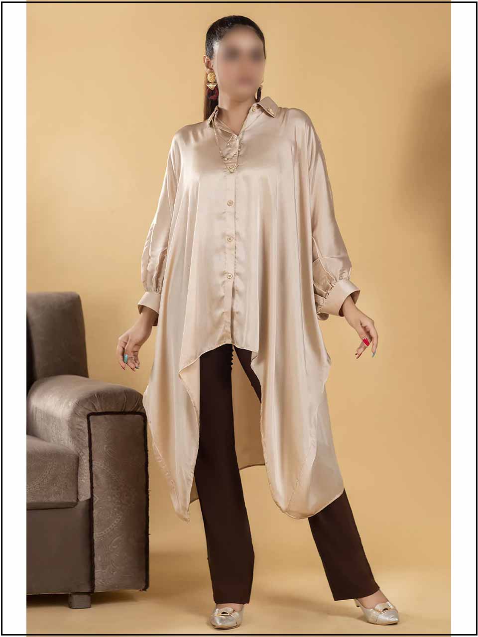 Beige Silk Poncho Readymade Top With Button 203