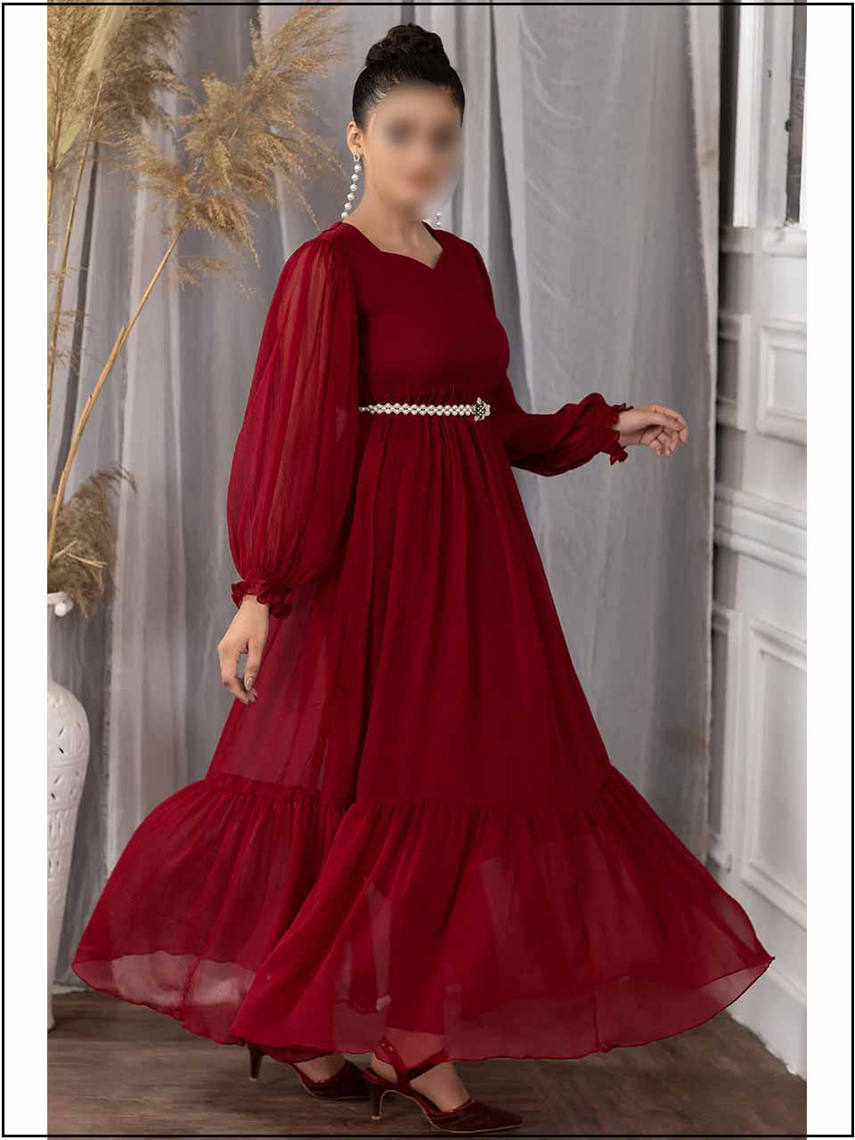 Mehroon Crinkle Chiffon Readymade Maxi With Pearl Belt 206