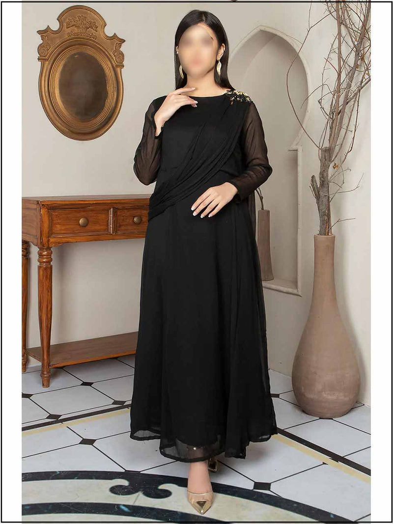 Black Crinkle Chiffon Readymade Maxi In Sari Style 209