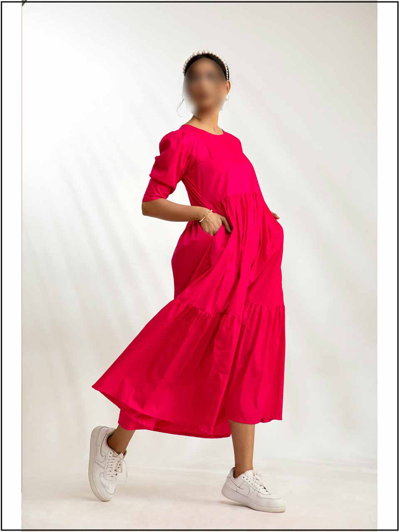 Hot Pink Cotton Readymade Maxi In Tiered Style 300