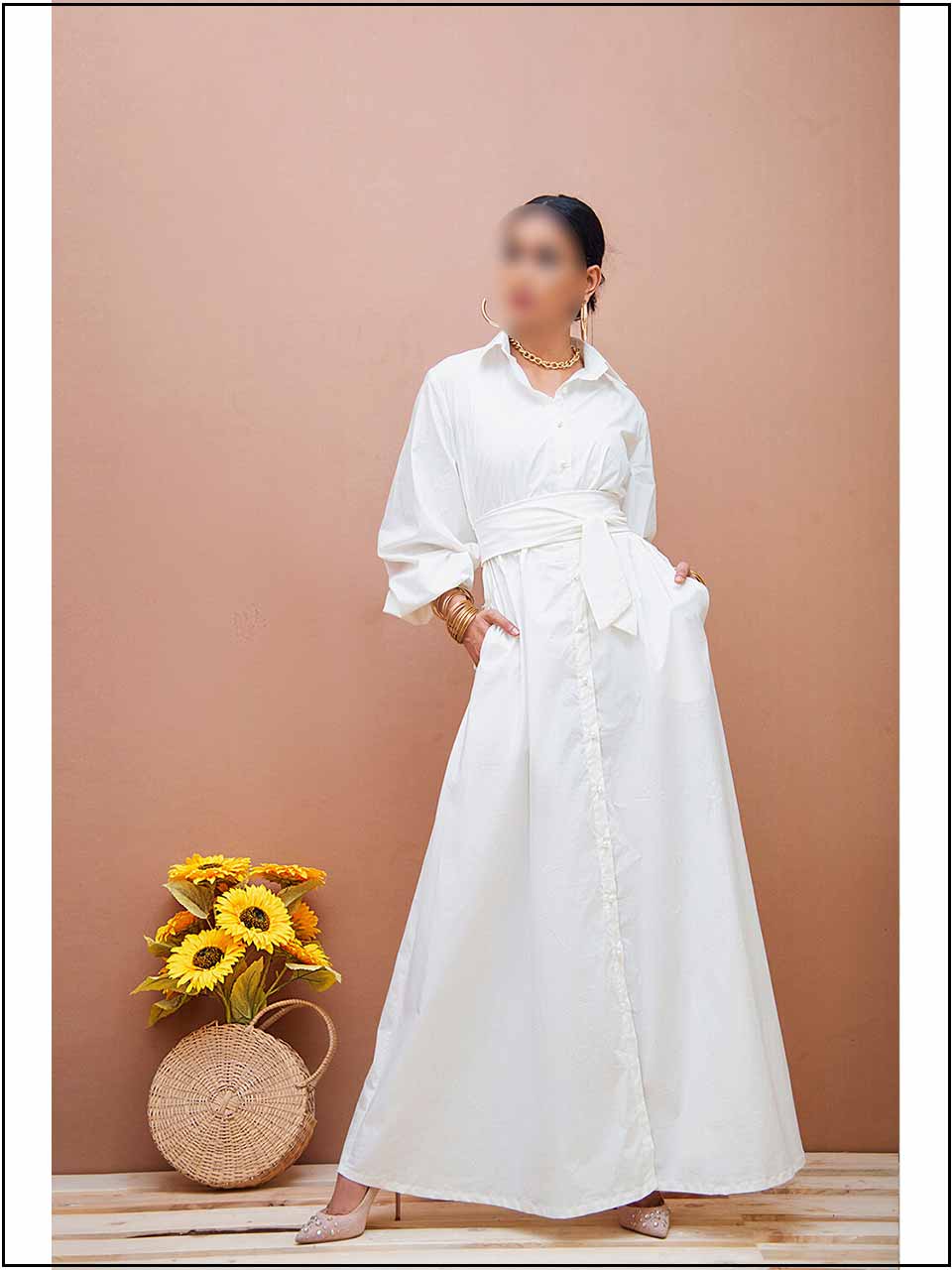 White Cotton Readymade Maxi With Kimono Belt 305