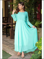 Turquoise Chiffon Readymade Maxi In Pleated Style 316