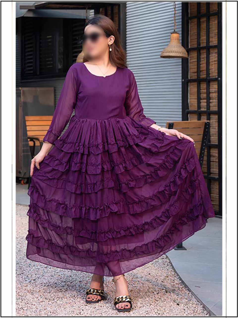 Purple Chiffon Readymade Maxi With Frill  326