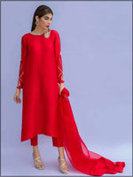 Designer's Inspired Red Chiffon Readymade 3 Piece Suit