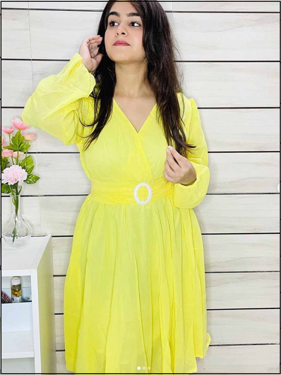 Lemon Yellow Organza Readymade Top With Belt 340