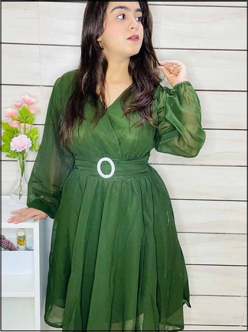 Bottle Green Organza Readymade Top With Belt 343