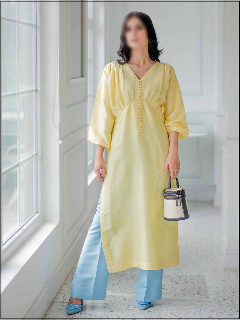 2 Piece Yellow/Blue Silk Readymade Suit Pleated Style 346
