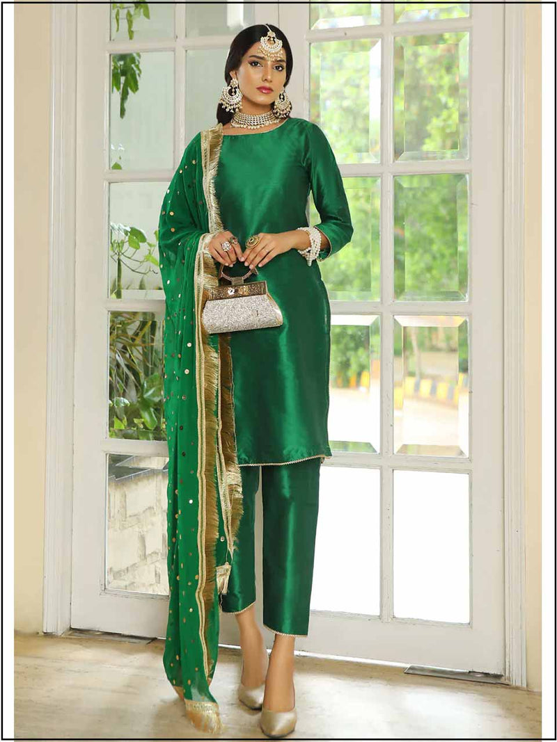 3 Piece Plain Raw Silk Green Readymade Suit With Ghota work Net Dupatta 349