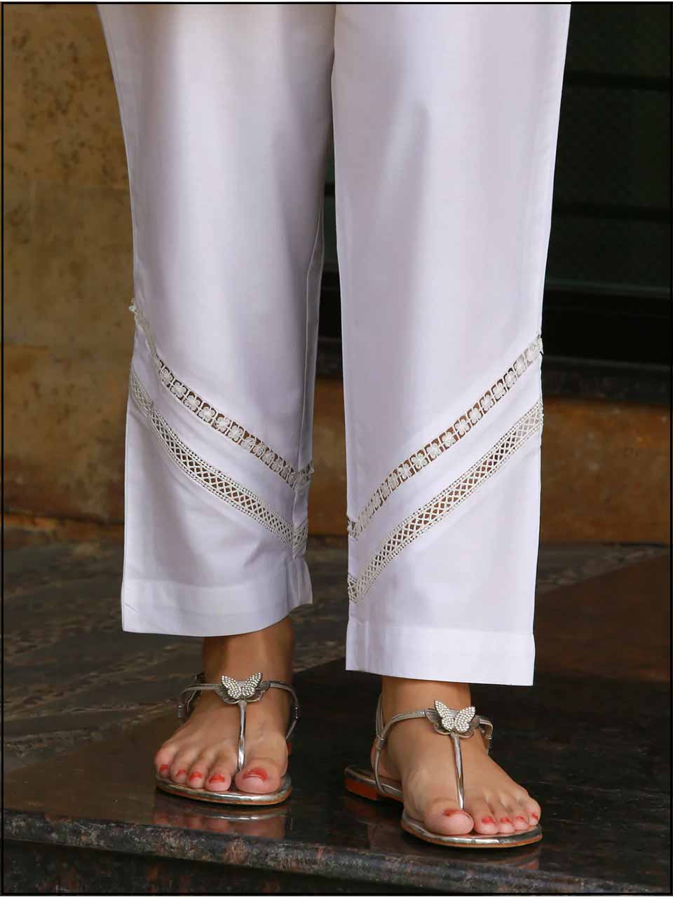 White Cotton Straight Readymade Trouser With Lace 359  At Online Stores