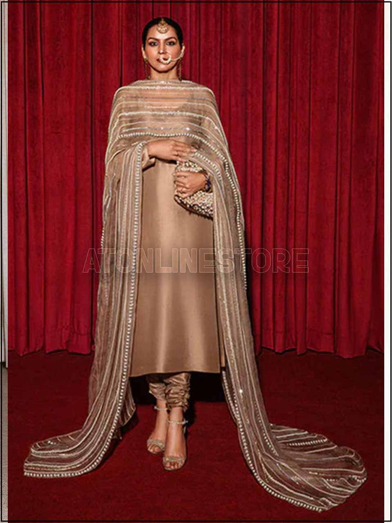 3 Piece Brown Silk Readymade Suit With Embellished Organza Dupatta 368