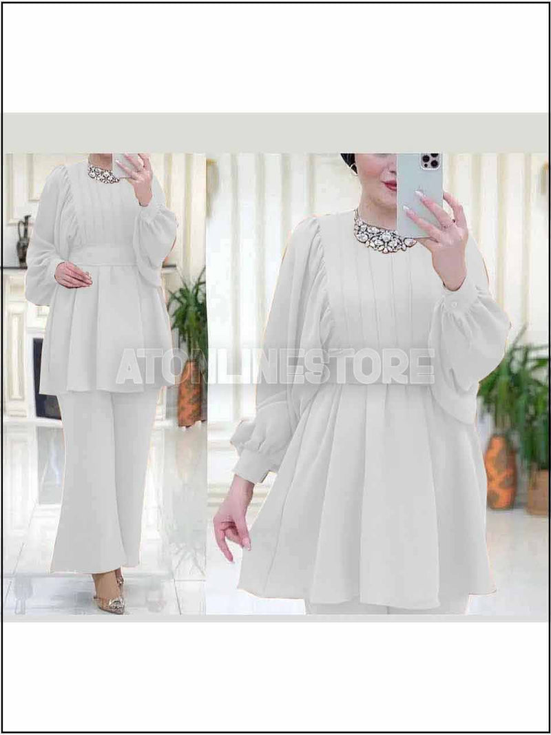 2 Piece White Boski Readymade Suit Pleated Style 380