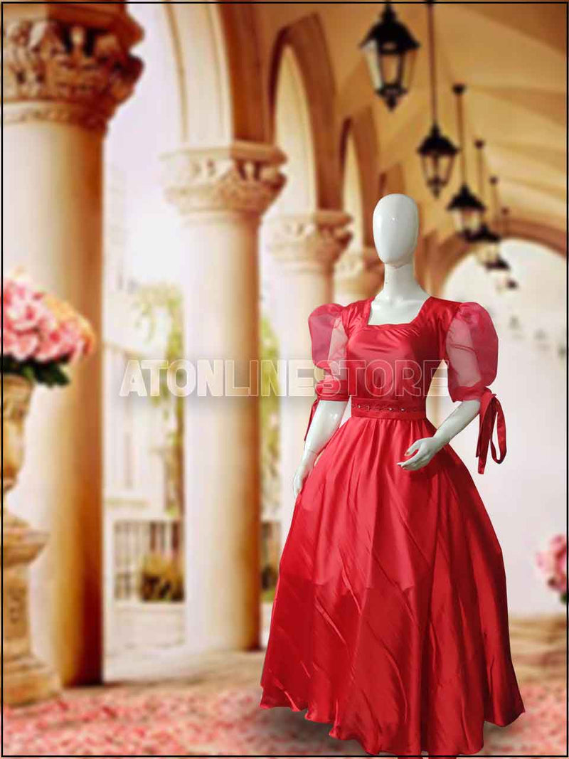 Red Silk Readymade Maxi With Embroidered Belt 449