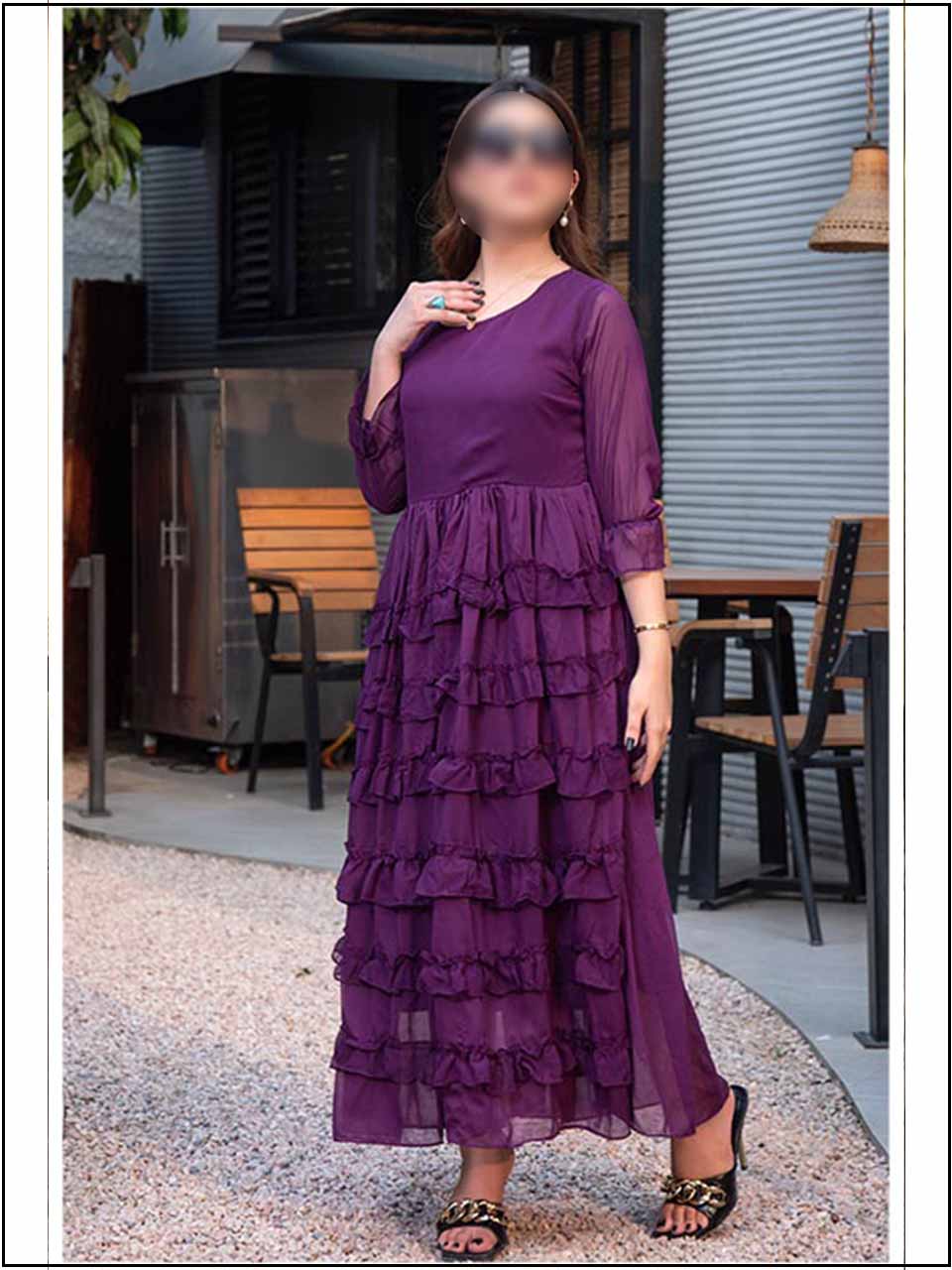 Purple Chiffon Readymade Maxi With Frill  326