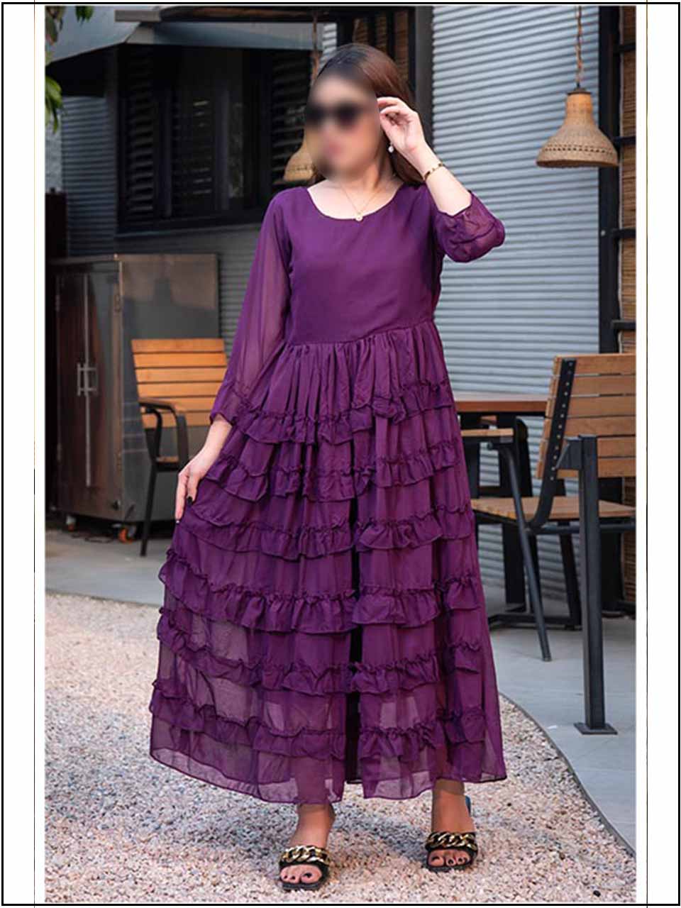 Purple Chiffon Readymade Maxi With Frill  326