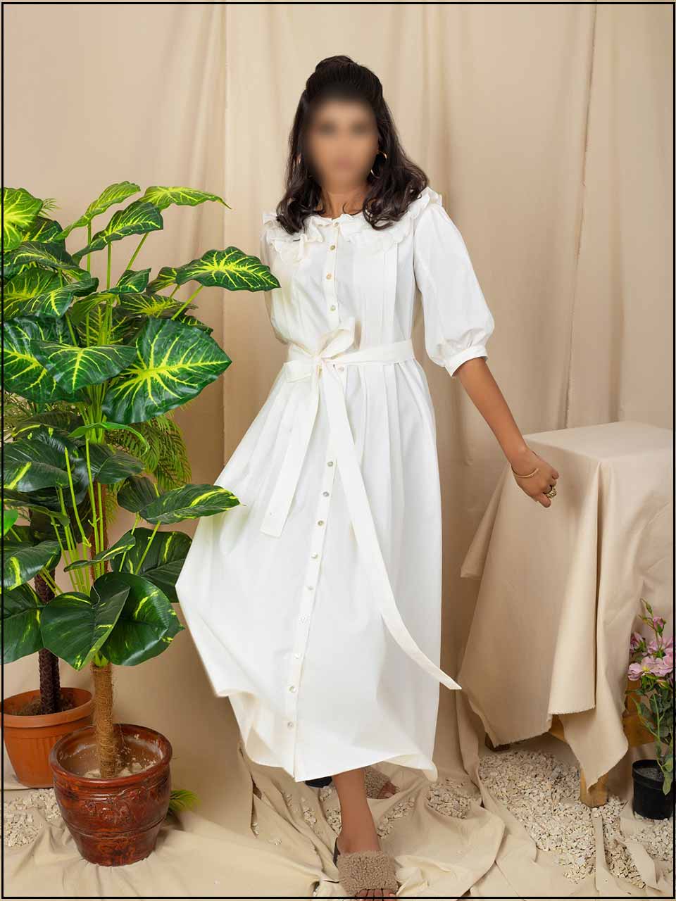 White Cotton Readymade Maxi With Kimono Belt 305