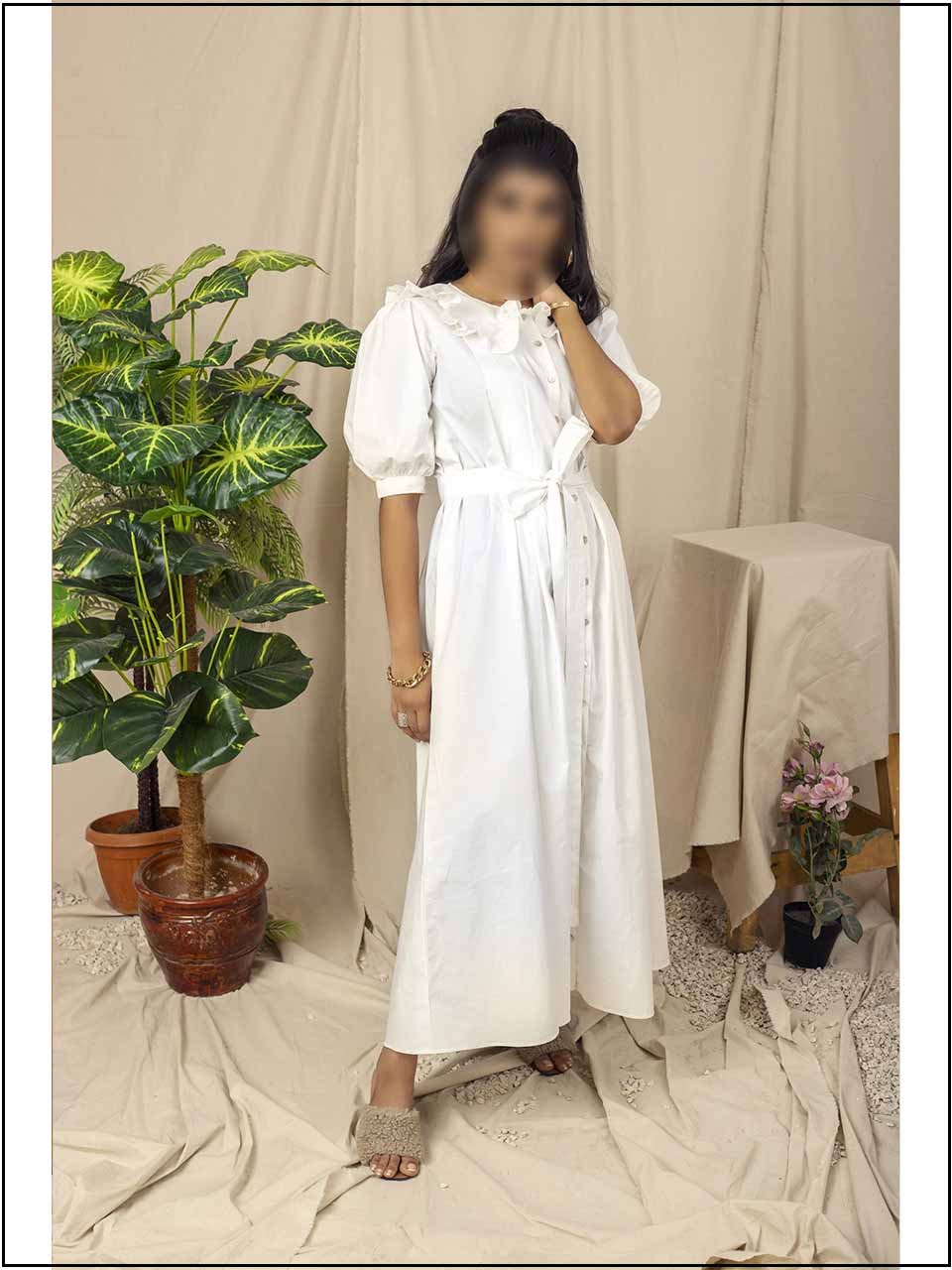 White Cotton Readymade Maxi With Kimono Belt 305