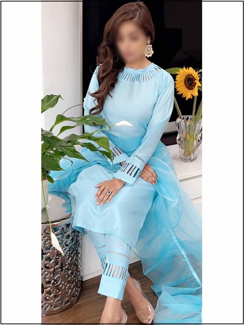ATM770AN | 3 Piece Blue Silk Readymade Suit With Ruffle Dupatta