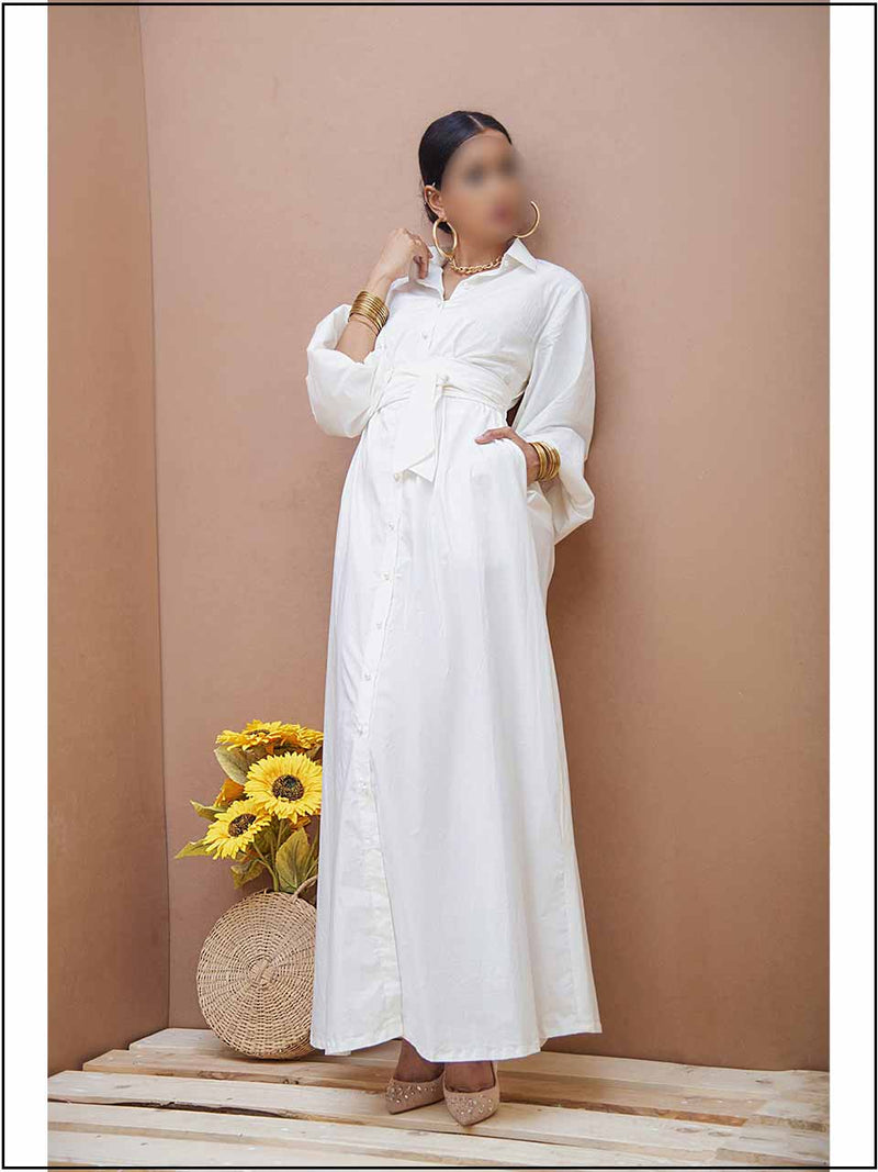 White Cotton Readymade Maxi With Kimono Belt 305
