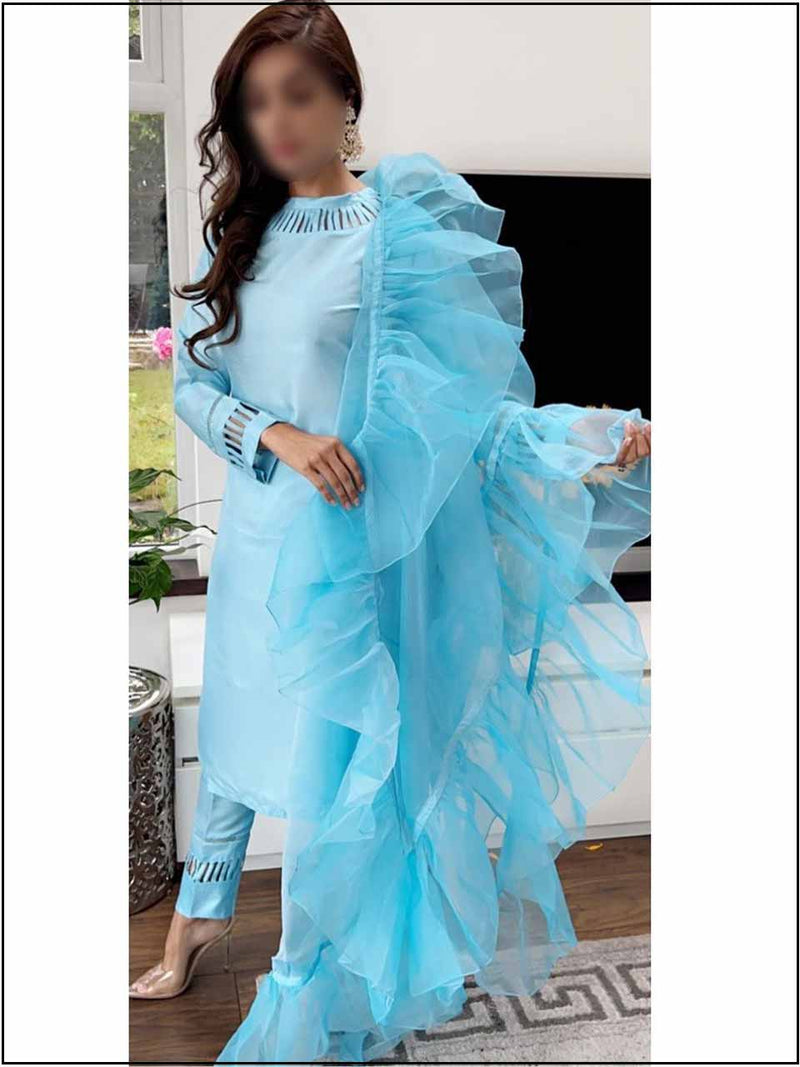 3 Piece Blue Silk Readymade Suit With Ruffle Dupatta 120
