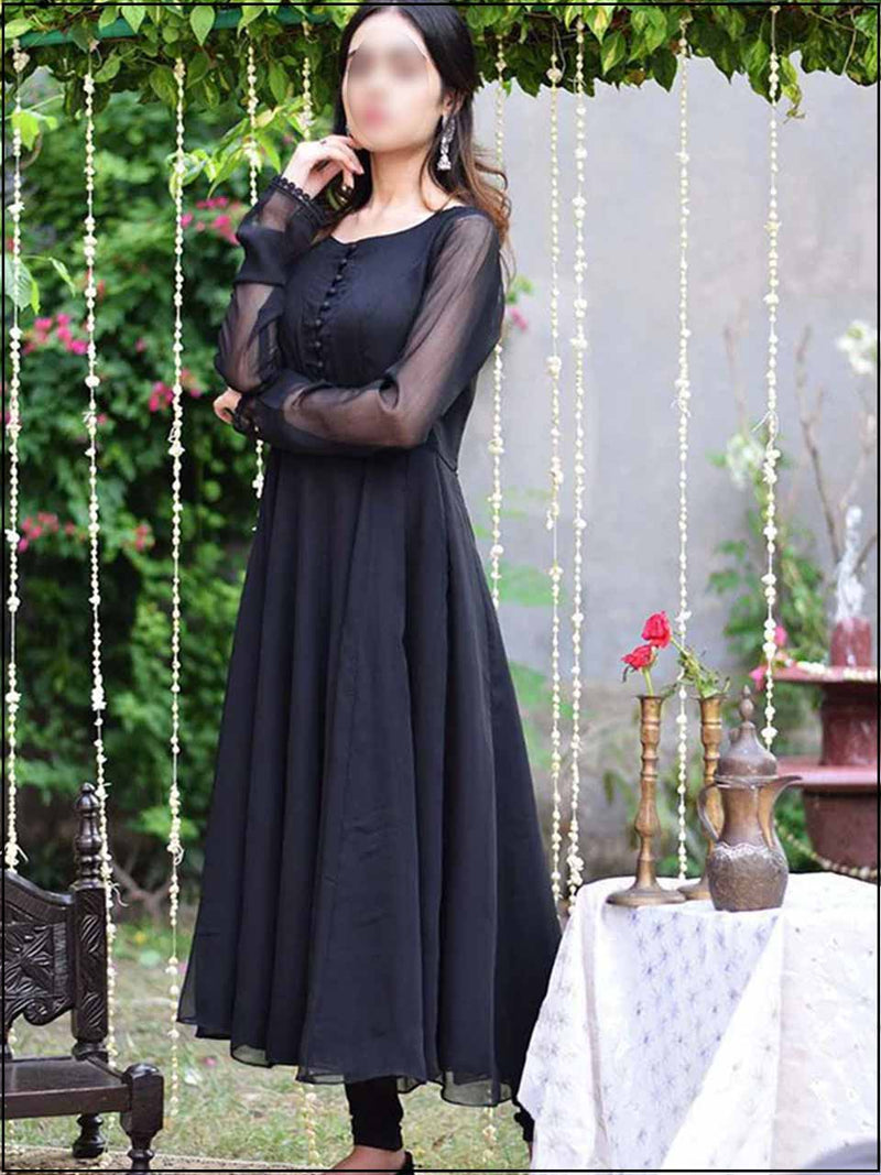 2 Piece Black Chiffon Readymade Suit With Button 191