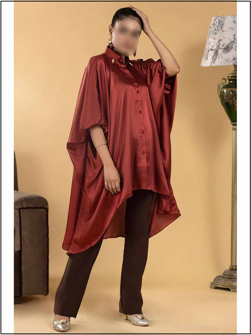 Champagne Red Silk Poncho Readymade Top With Button 201