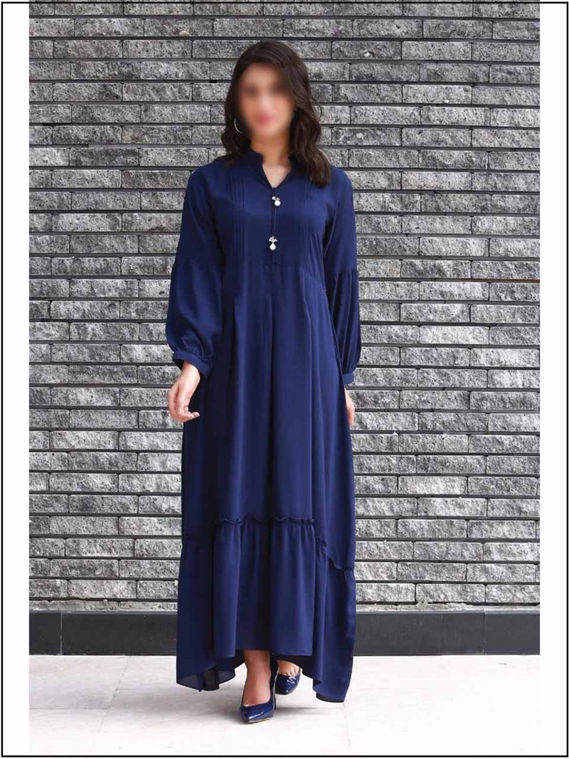 Blue Linen Readymade Maxi In Tiered Style 353