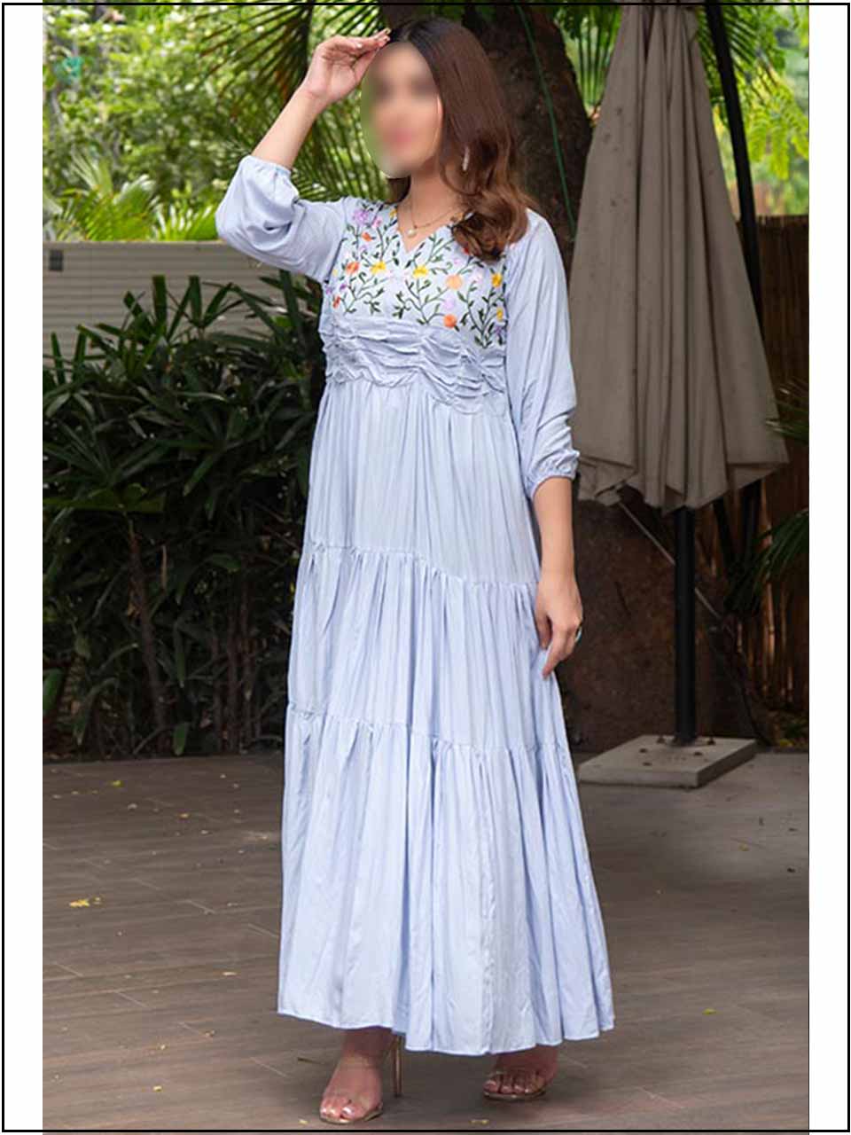Grey Embroidered Boski Readymade Maxi In Tiered Style 315
