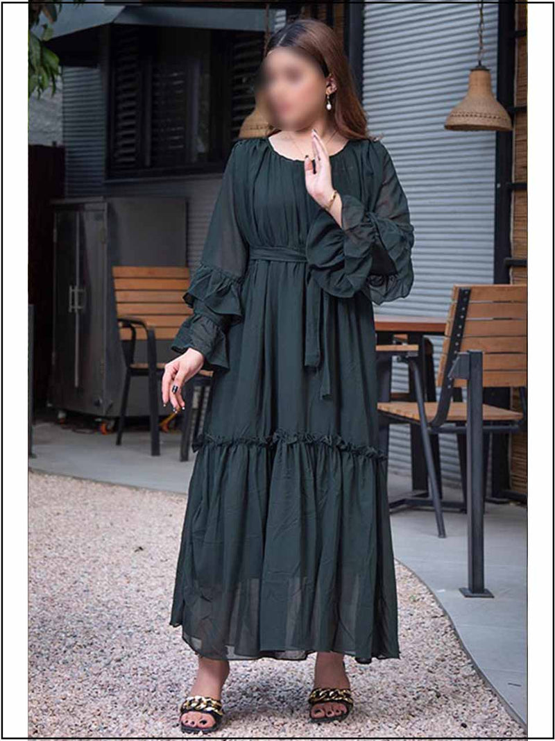 Bottle Green Chiffon Readymade Maxi In Tiered Style 314