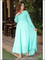Turquoise Chiffon Readymade Maxi In Pleated Style 316