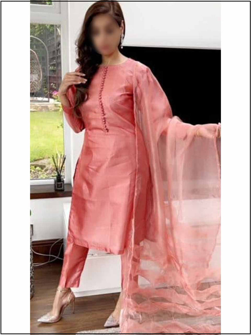 3 Piece Coral Silk Readymade Suit With Simple Dupatta 126