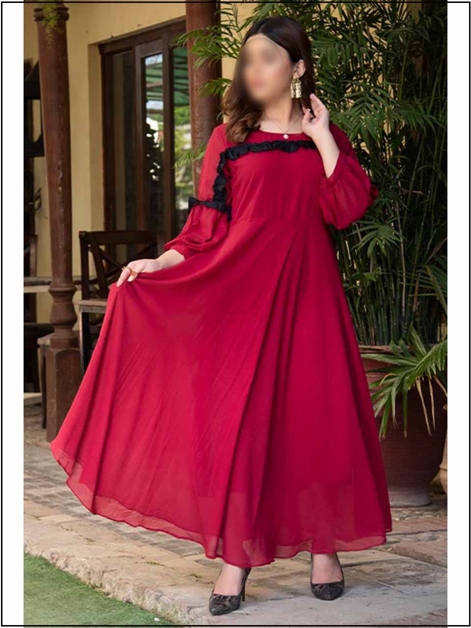 Red Chiffon Readymade Maxi In Frilled Style 312