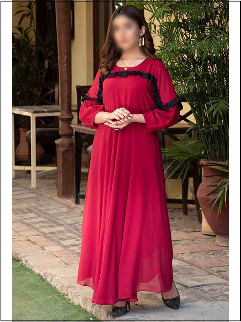 Red Chiffon Readymade Maxi In Frilled Style 312